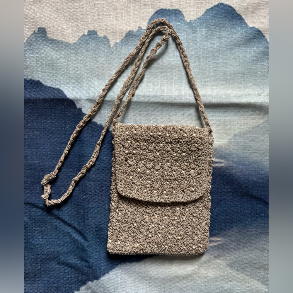 Immaculate Mini Crossbody Purse with Inlaid Beads and Zipper, Cream Color, Woven
